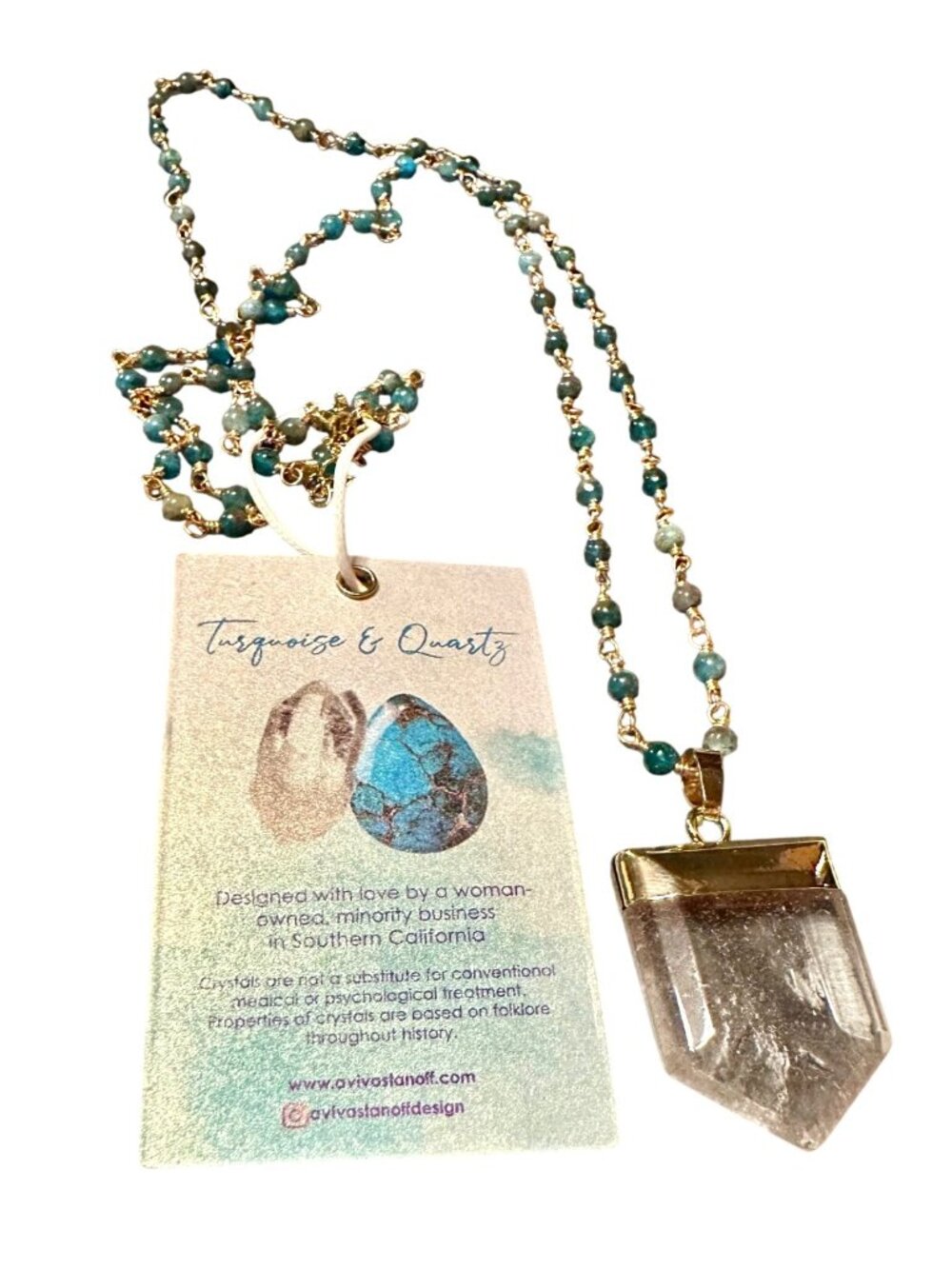 Turquoise & Quartz Necklace With 14K Gold Plate Chain 30" Luxe Tribe Handmade